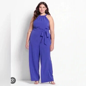 Lane Bryant Size 26 Blue Belted Twist Halter Jumpsuit NEW!